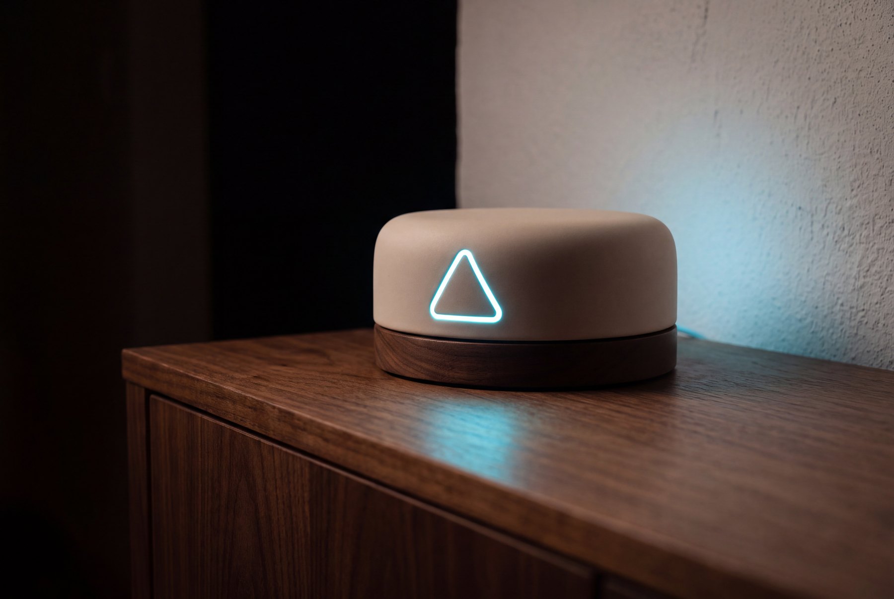 The ALYT device at night, its triangular light glowing against walnut wood.