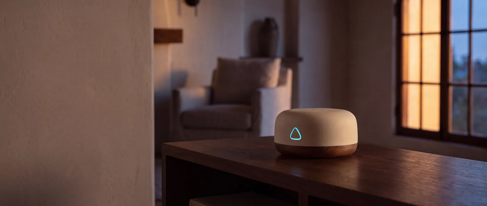 The ALYT hub on a walnut console at dusk, its triangle glowing