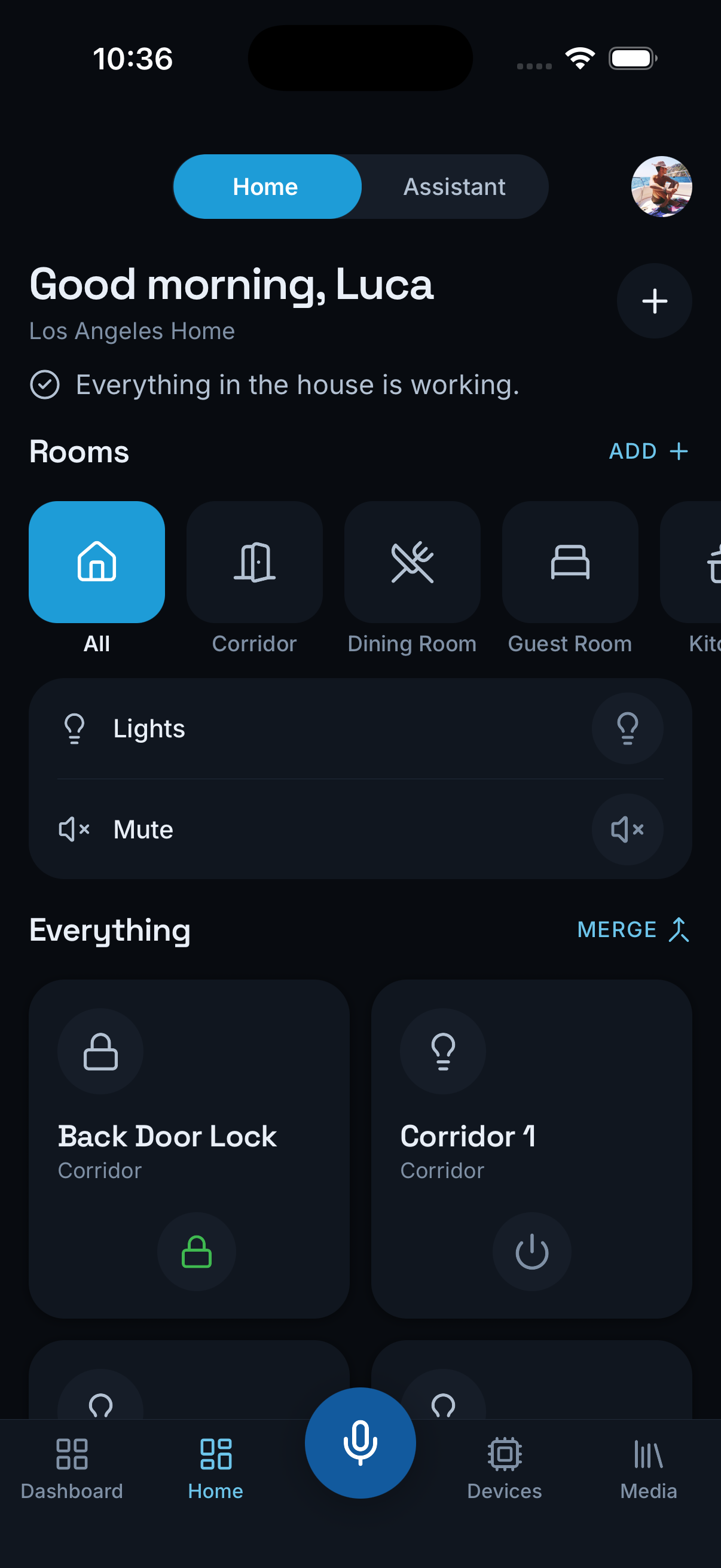 Dark ALYT Home screen with Luca’s Los Angeles Home, room shortcuts and controls.