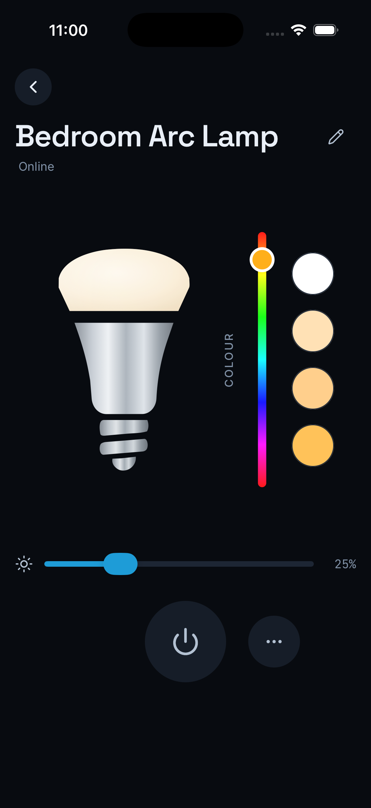 Actual dark ALYT Philips Hue device screen with light brightness and colour controls.
