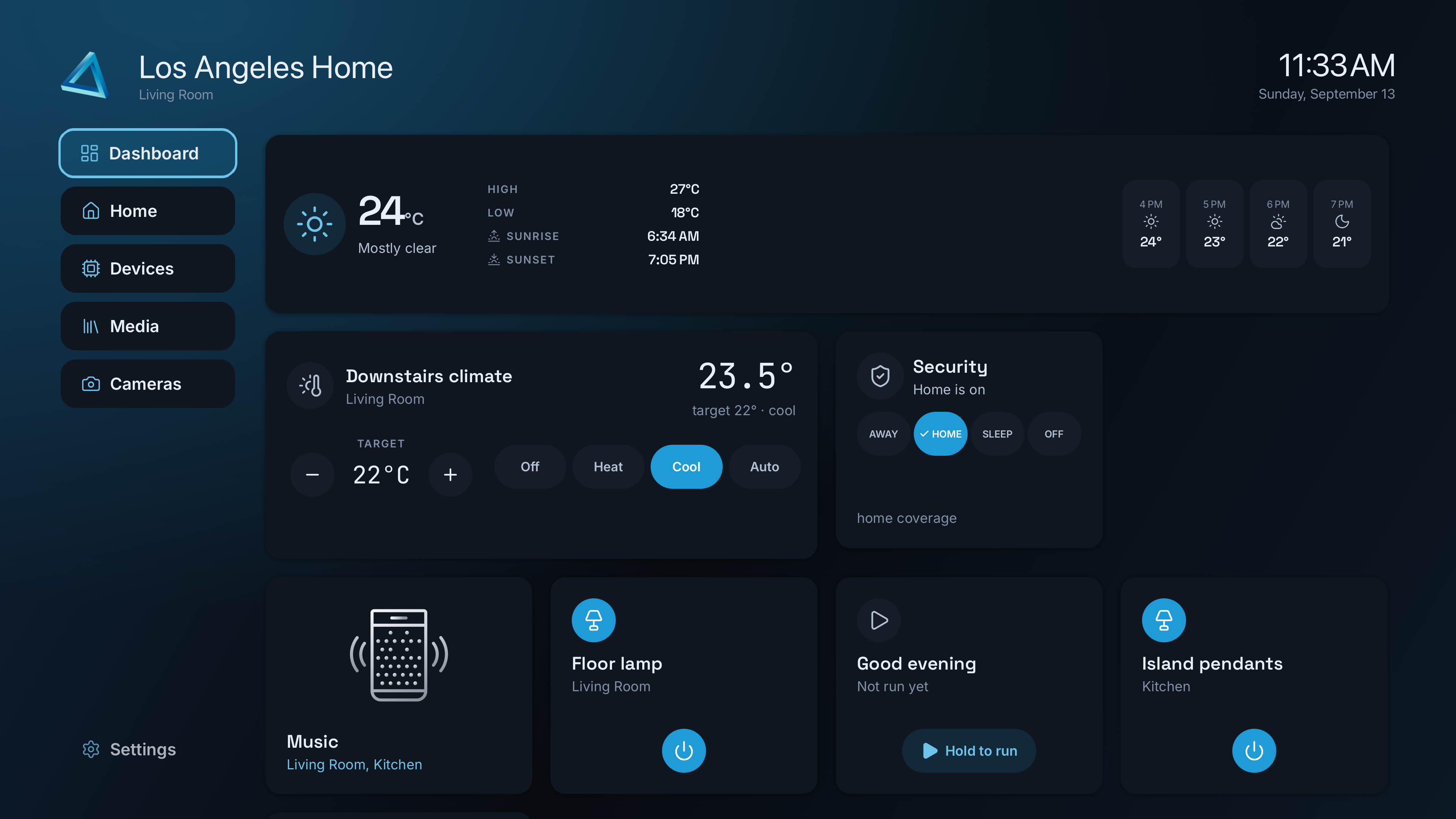 ALYT Apple TV dashboard preview for Los Angeles Home with weather, climate, security and device cards.
