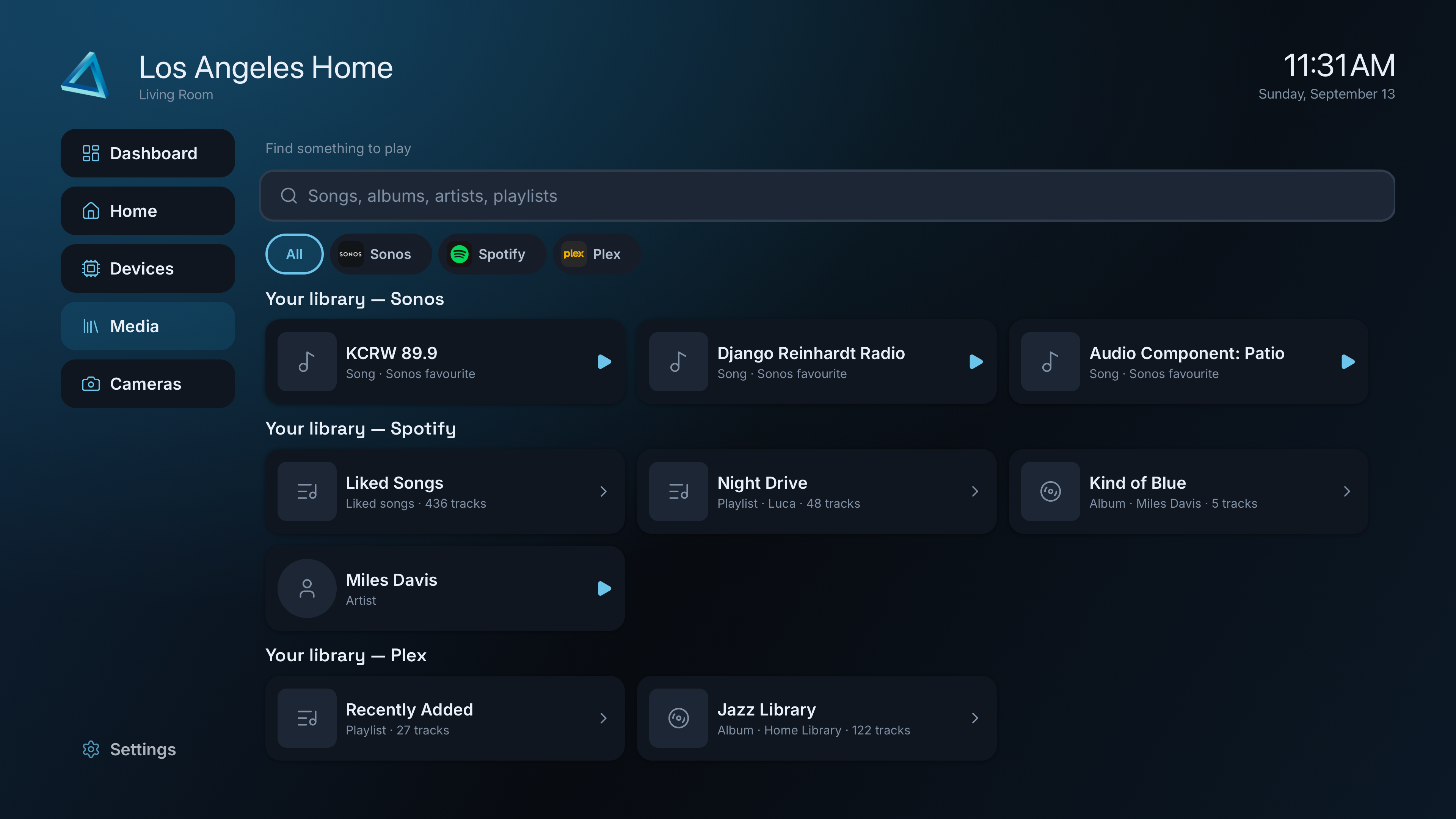 ALYT Apple TV Media library preview in dark mode, with connected music sources and library navigation.