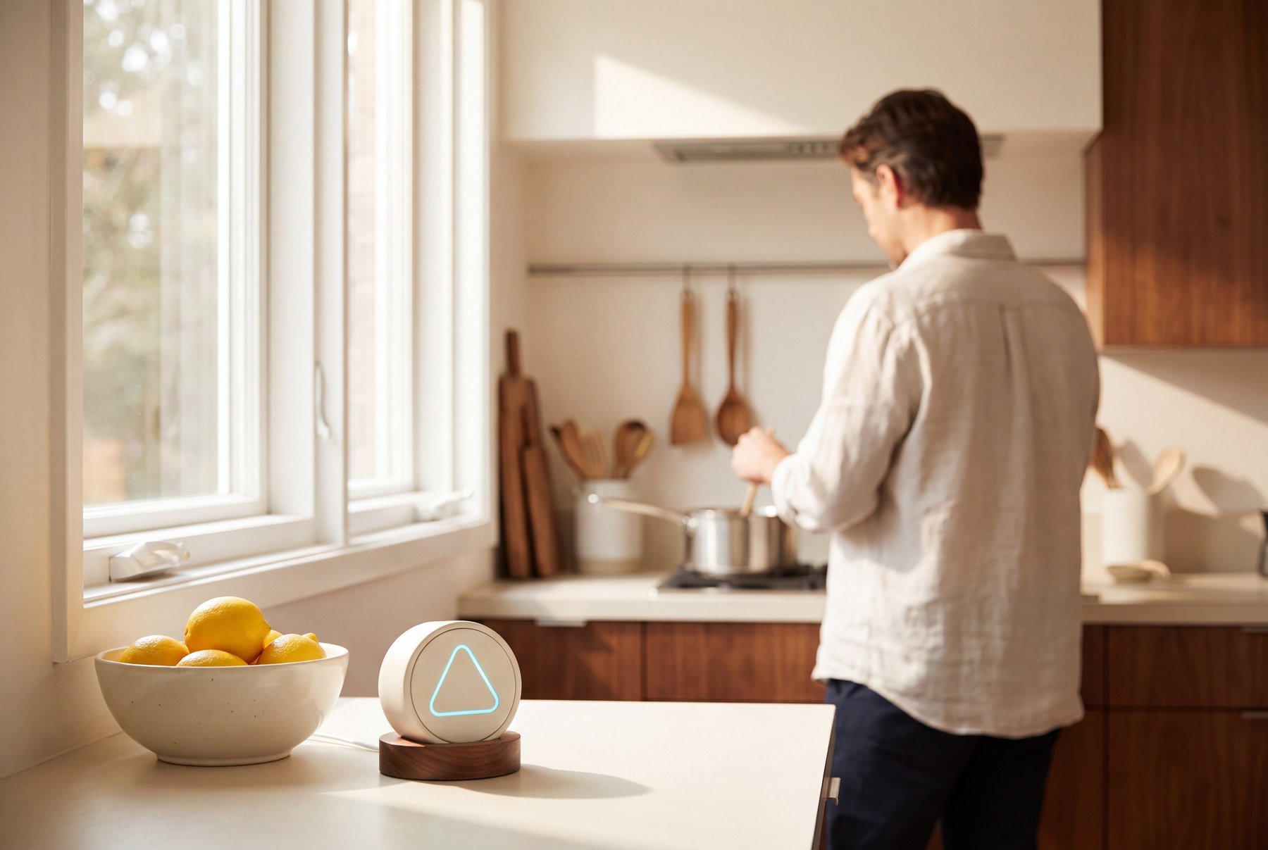 An ALYT Voice satellite on a kitchen counter in morning light.